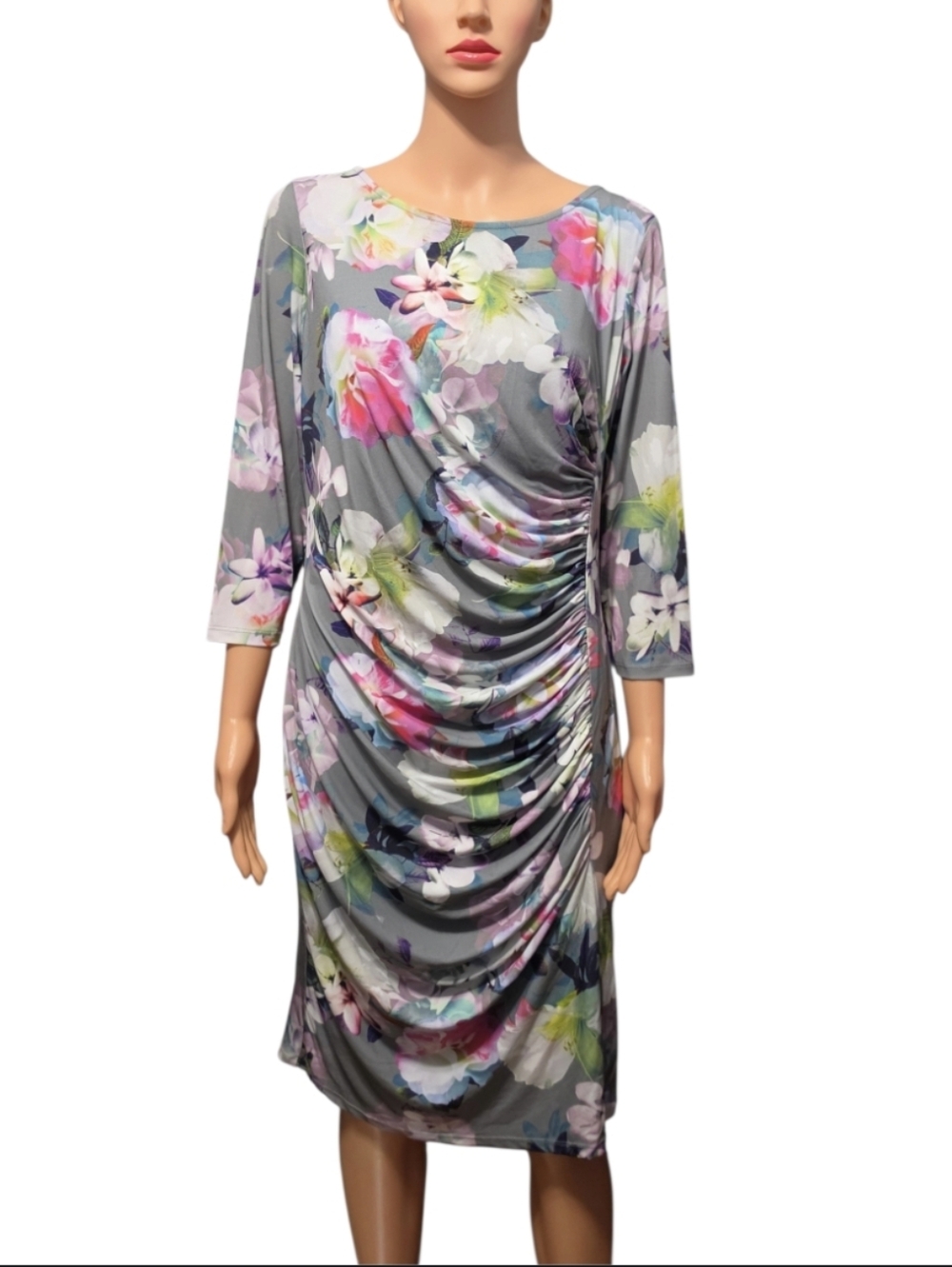 Coast Saralise Grey Floral Ruched Sheath Jersey Midi Cottagecore Dress Sz 12